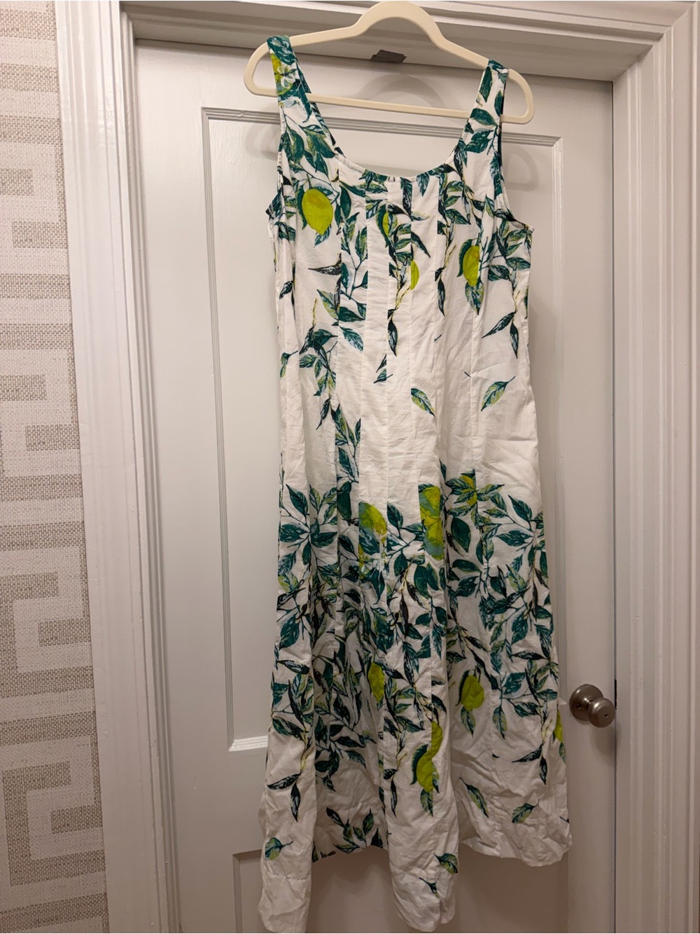 White Midi Dress with Green Leaf & Yellow Lemon Print